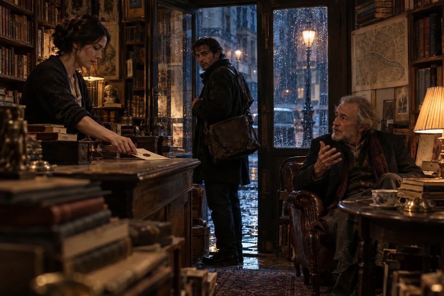 An illustrative nighttime bookshop scene with three characters and a letter on the counter