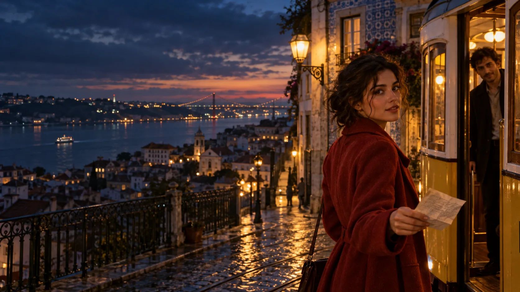 At dusk in Lisbon, a woman at a tram stop turns to offer a note as the city glows below