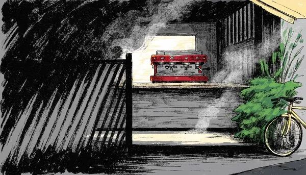 The same café doorway and bicycle in an inked graphic novel style