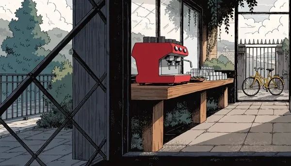 The same café doorway and bicycle in a manga illustration style