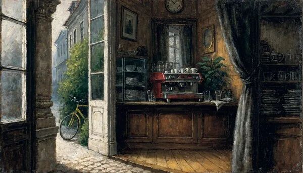 The same café doorway and bicycle in a classical painting style