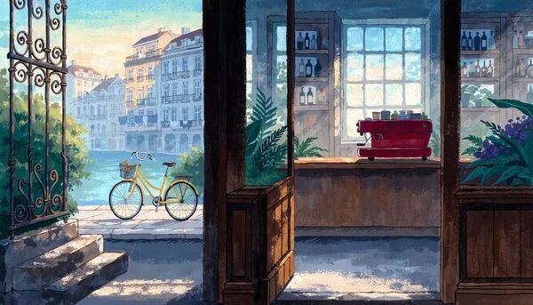 The same café doorway and bicycle in a painted animation style