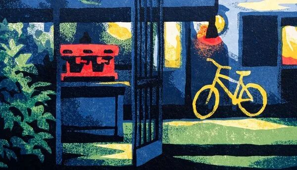 The same café doorway and bicycle in a textured screenprint style